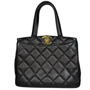 Chanel Caviar Vintage Tote Bag Quilted CC Turnlock Black/Gold Matelasse XL Logo